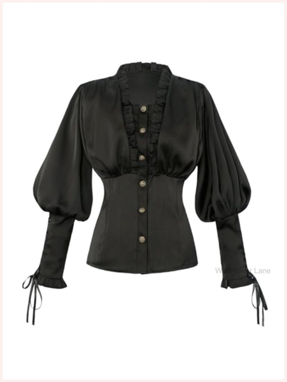 Victorian Satin Blouse Puff Sleeve Ruffle Button Down Vintage Top